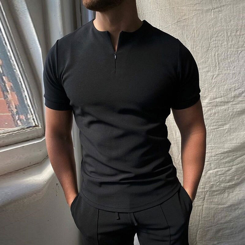 Polo Homme à Manches Courtes avec Fermeture Éclair, coloris Noir