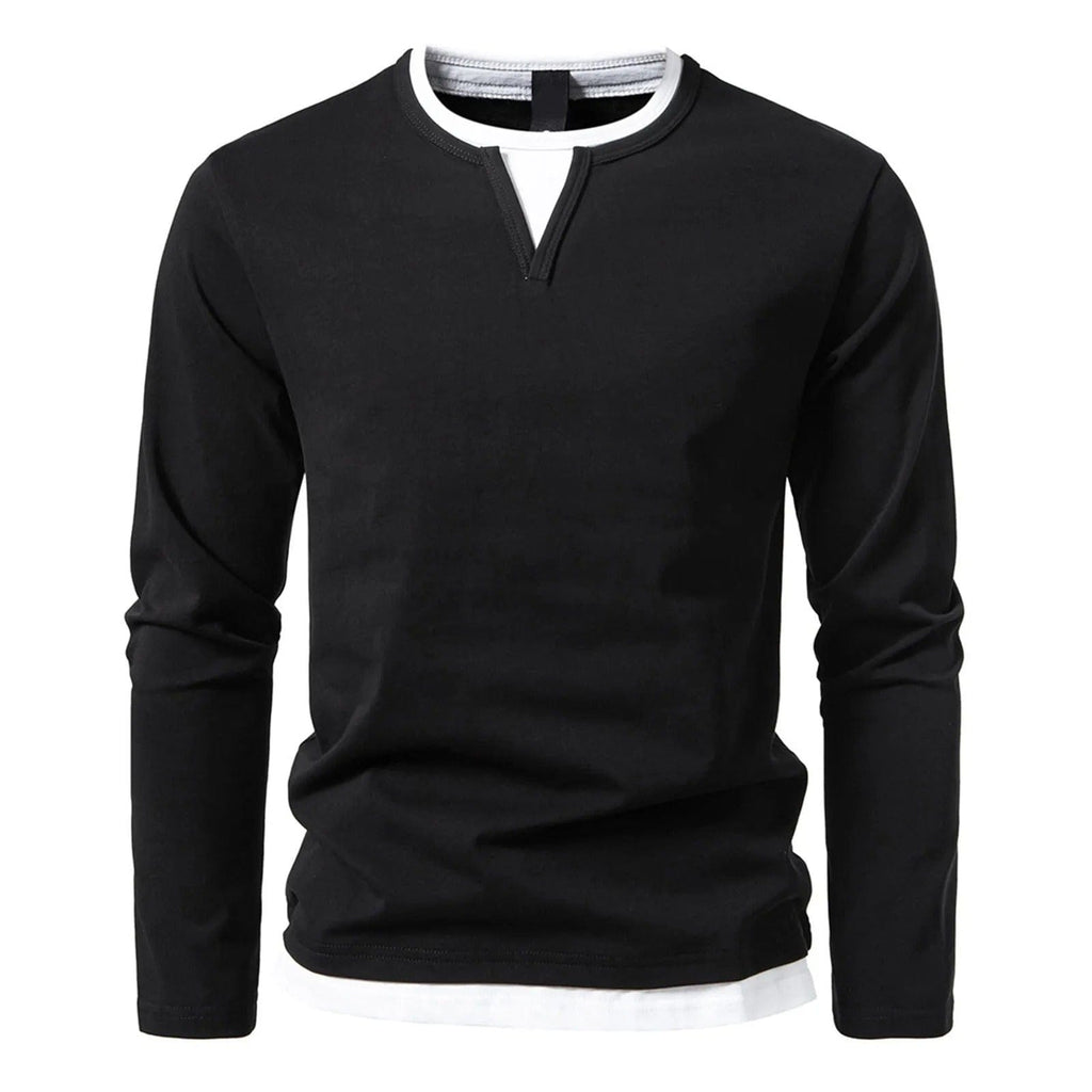 Polo Homme à Manches Longues avec Col Rond et Effet Superposé, coloris Noir