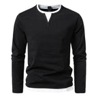 Polo Homme à Manches Longues avec Col Rond et Effet Superposé, coloris Noir