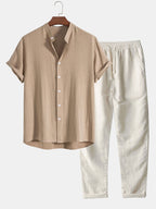 Ensemble Chemise Pantalon Été Décontracté en Lin Homme, coloris Beige