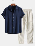 Ensemble Chemise Pantalon Été Décontracté en Lin Homme, coloris Bleu marine