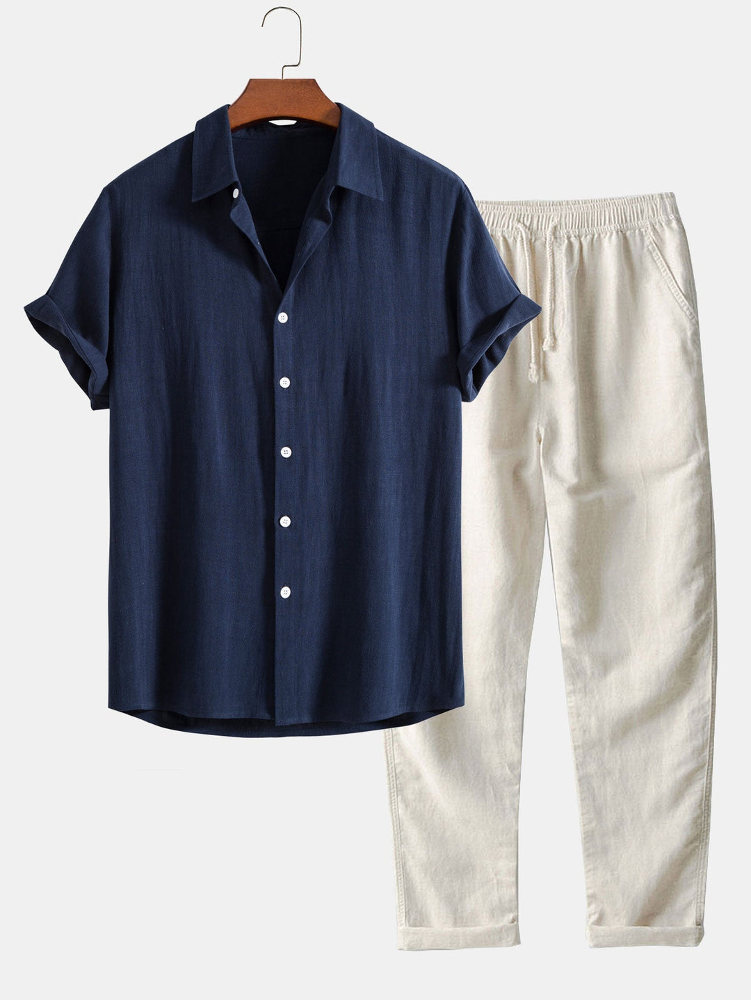 Ensemble Chemise Pantalon Été Décontracté en Lin Homme, coloris Bleu marine