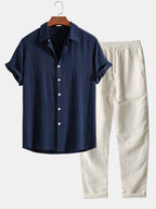 Ensemble Homme Été Coton Lin, coloris Bleu marine