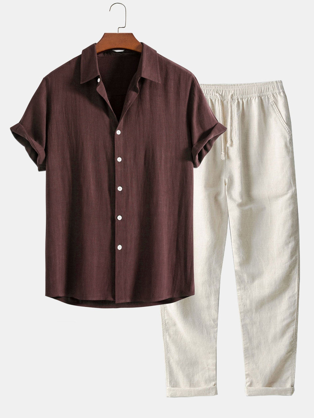 Ensemble Chemise Pantalon Été Décontracté en Lin Homme, coloris Marron café