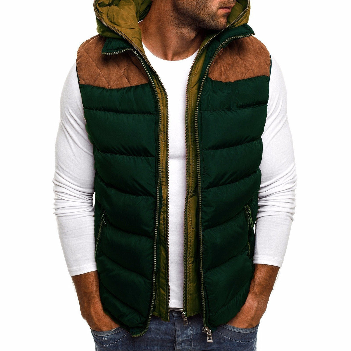 Veste sans manches à capuche en coton pour homme avec intérieur matelassé, coloris Vert Armée