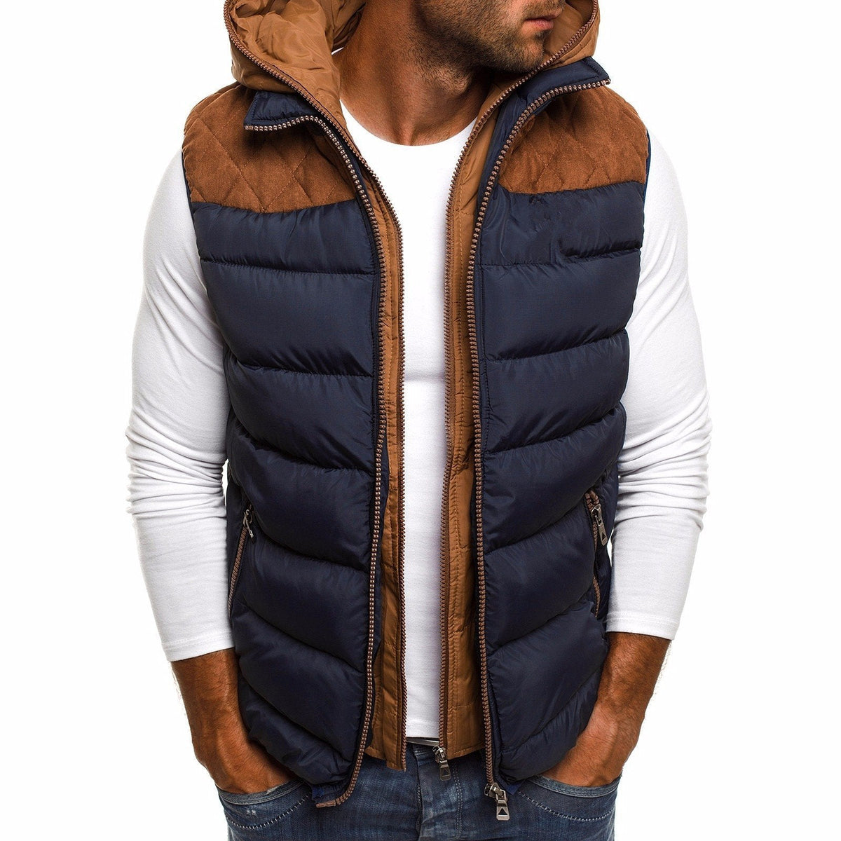 Veste sans manches à capuche en coton pour homme avec intérieur matelassé, coloris Bleu Marine