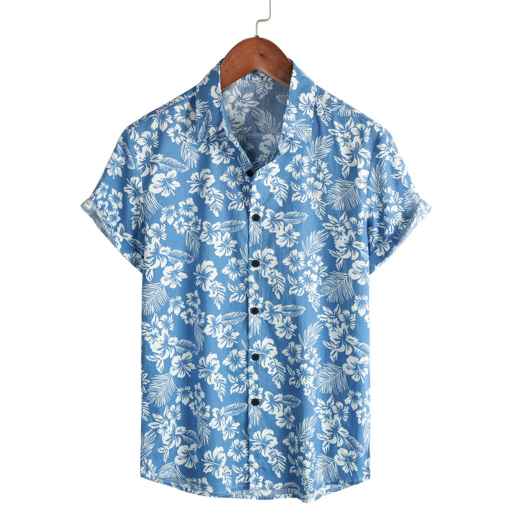 Chemise hawaïenne pour homme à manches courtes et motif fleuri, coloris Bleu
