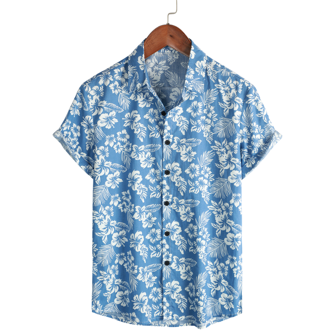 Chemise hawaïenne pour homme à manches courtes et motif fleuri, coloris Bleu