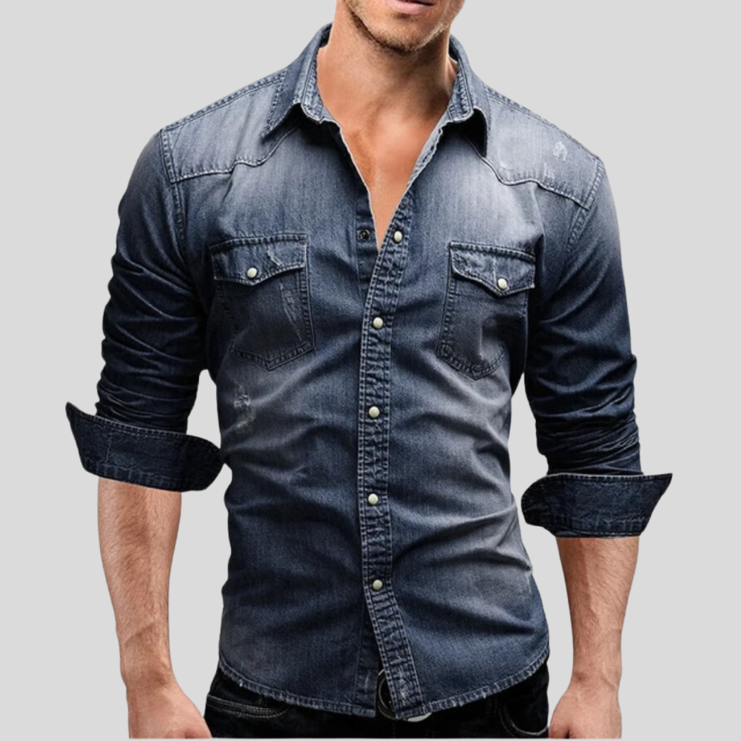 Chemise ajustée en jean à boutons homme, coloris Bleu foncé