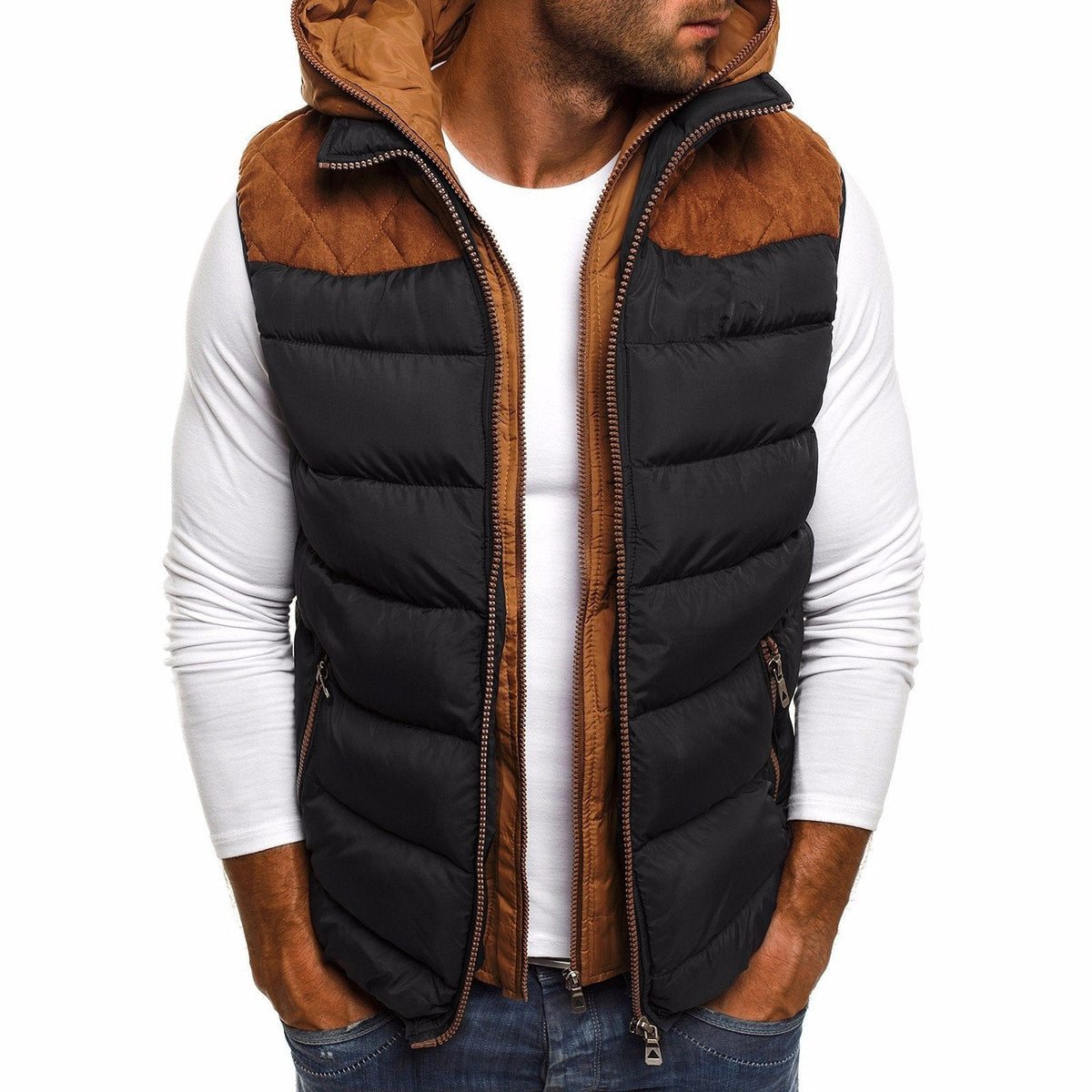 Veste sans manches à capuche en coton pour homme avec intérieur matelassé, coloris Noir