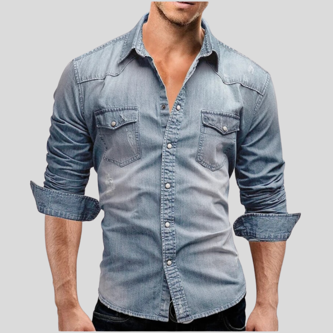 Chemise ajustée en jean à boutons homme, coloris Bleu