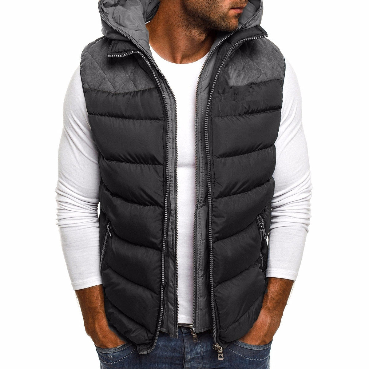 Veste sans manches à capuche en coton pour homme avec intérieur matelassé, coloris Gris