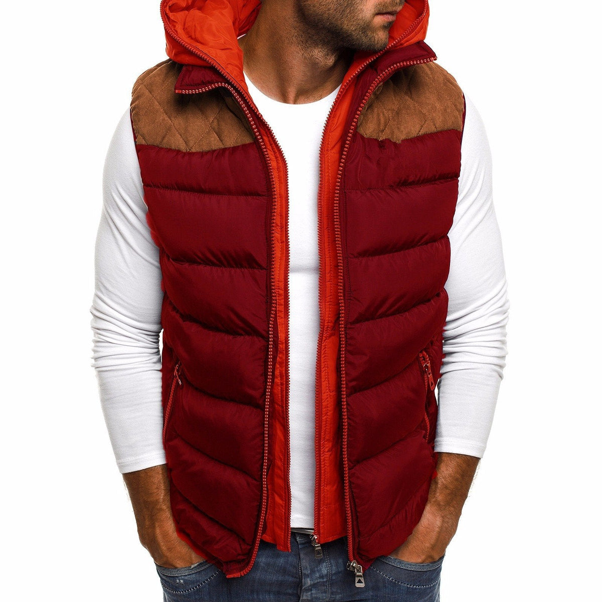 Veste sans manches à capuche en coton pour homme avec intérieur matelassé, coloris Vin rouge