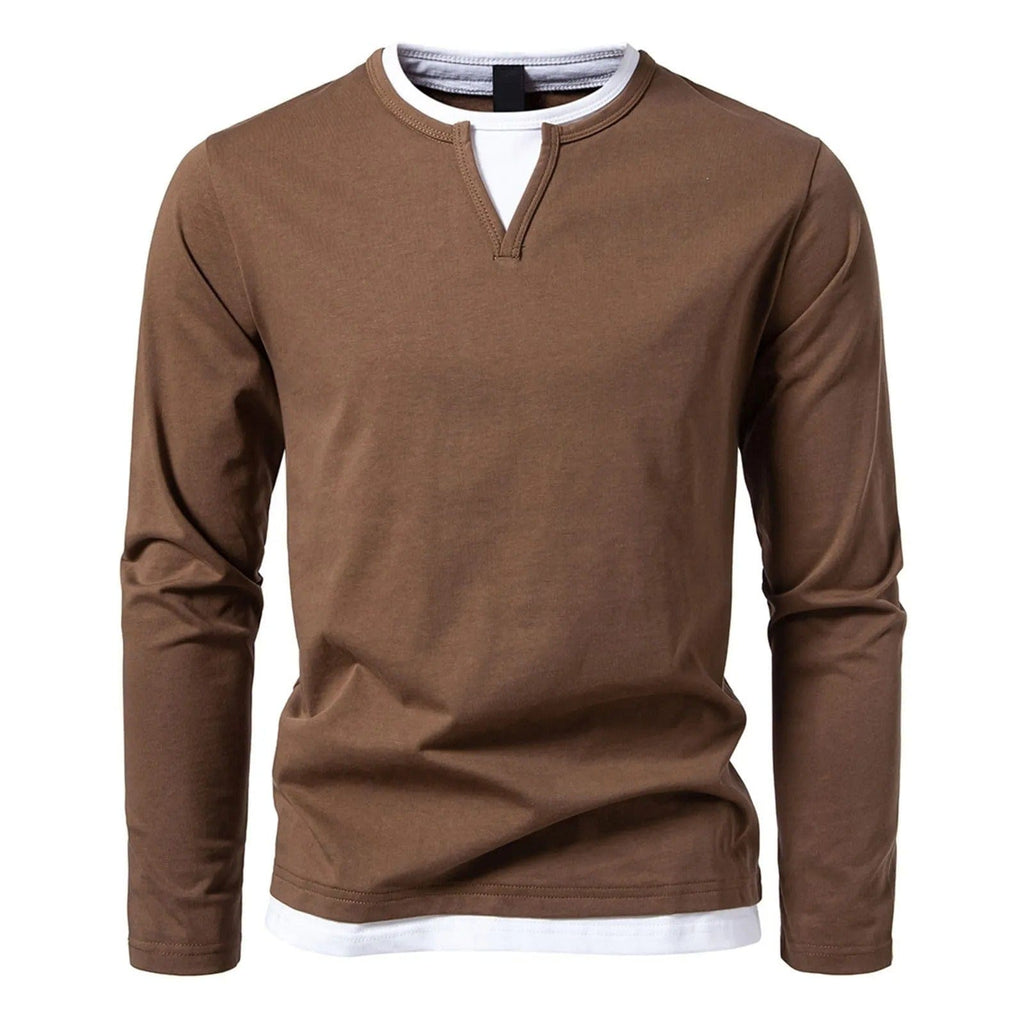 Polo Homme à Manches Longues avec Col Rond et Effet Superposé, coloris Marron