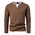 Polo Homme à Manches Longues avec Col Rond et Effet Superposé, coloris Marron