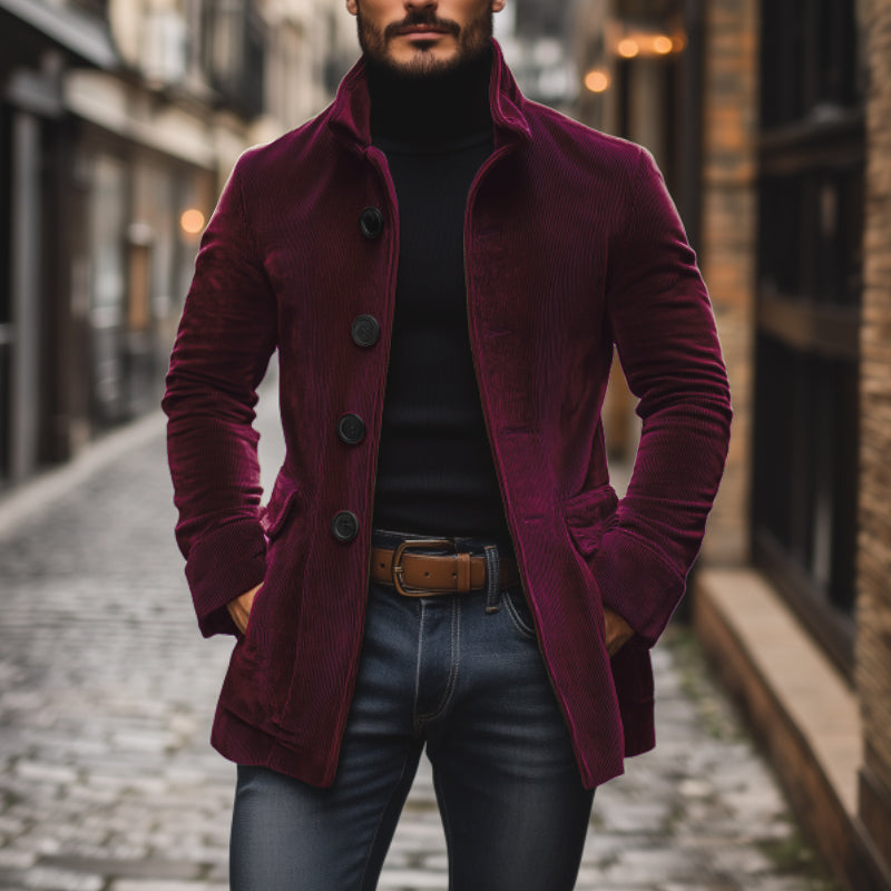 Manteau court ajusté en velours côtelé à col montant pour homme, vue 14