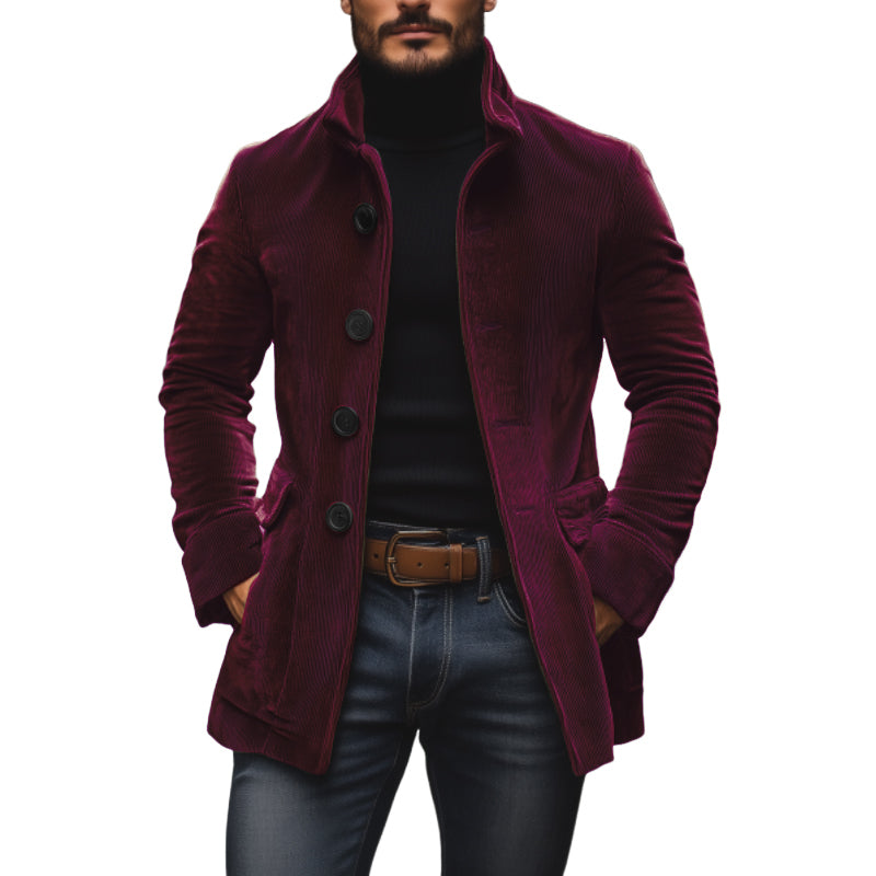 Manteau court ajusté en velours côtelé à col montant pour homme, coloris Vin Rouge