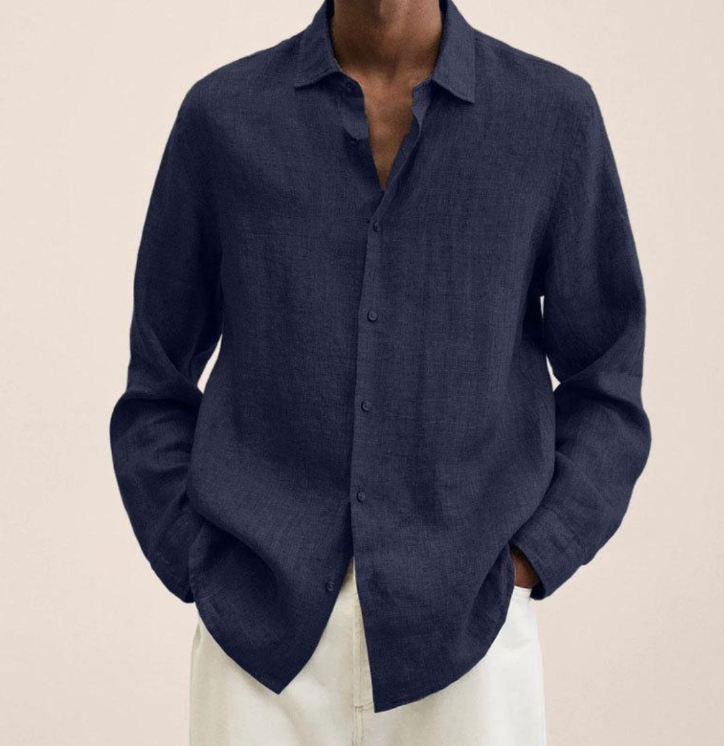 Chemise Homme en Lin à Manches Longues, coloris Bleu foncé