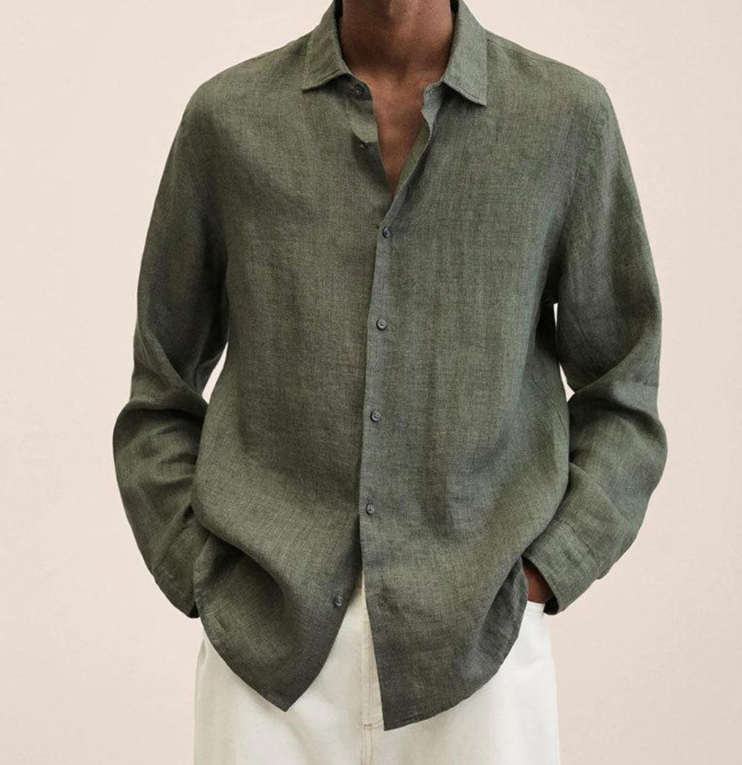 Chemise Homme en Lin à Manches Longues, coloris Vert foncé