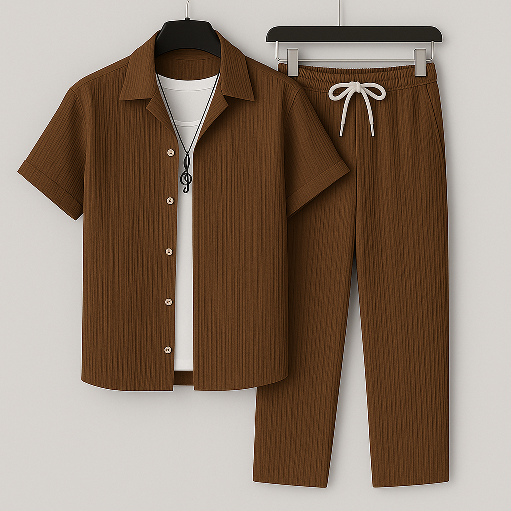 Ensemble homme effet lin chemise et pantalon a cordon, coloris Cafe