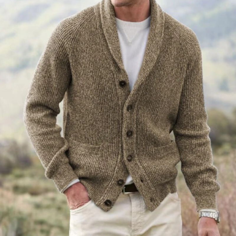 Cardigan Vintage Homme en Laine Boutonné, coloris Chameau