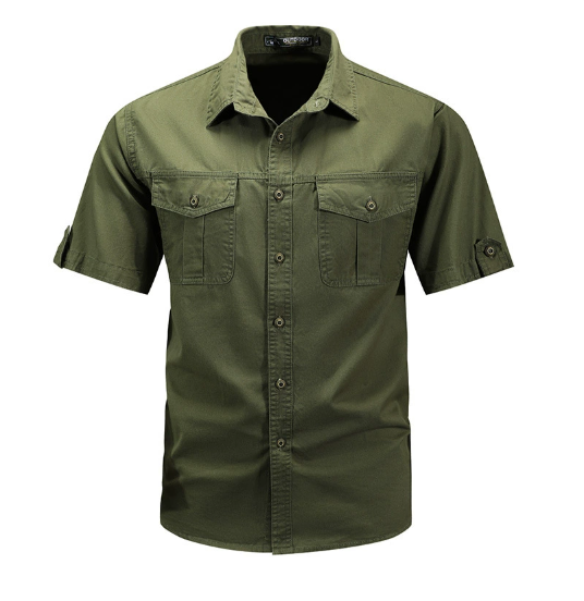 Chemise homme manches courtes coton, coloris Vert armée