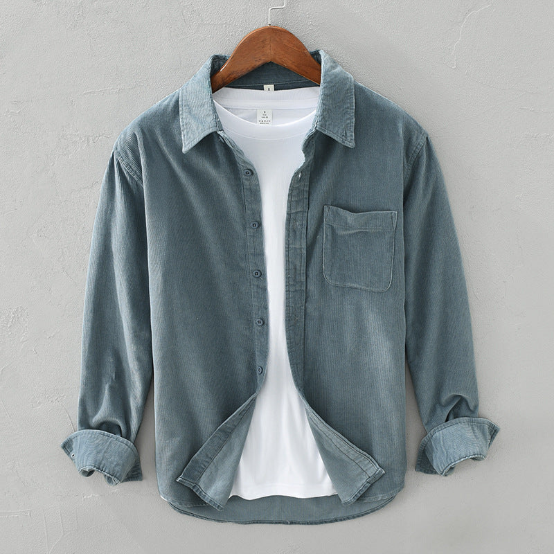 Chemise Homme Rétro en Velours Côtelé à Boutons, coloris Bleu clair