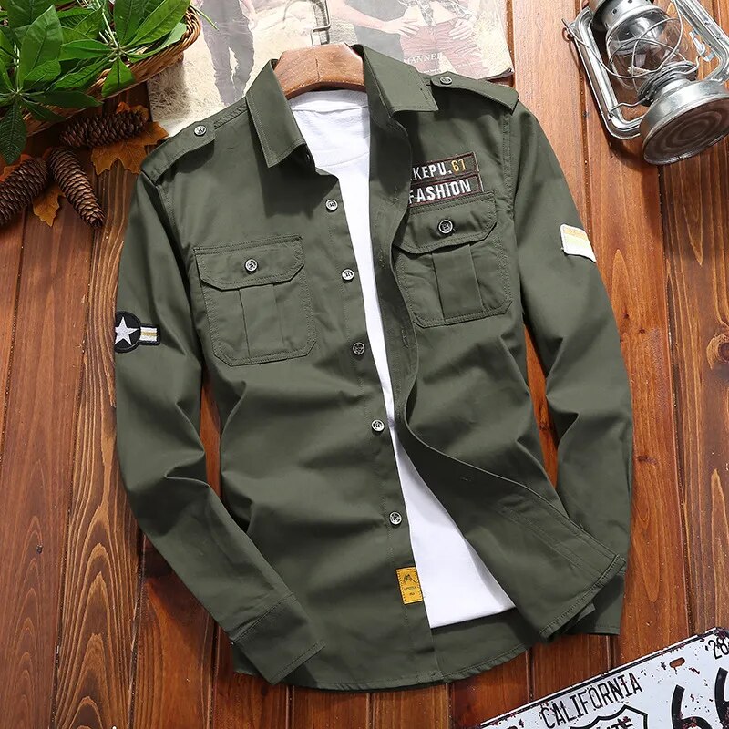 Chemise Ranger Homme À Manches Longues Boutonnée Avec Poches Poitrine, variante Design vert armée