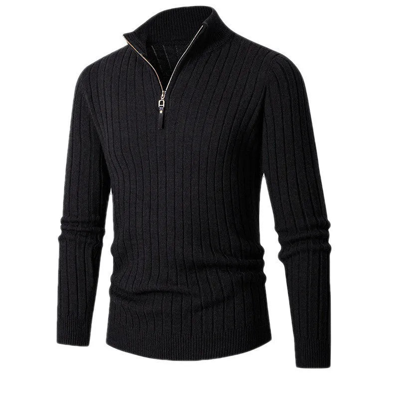Pull Demi-Zip Côtelé Doux pour Homme, coloris Noir