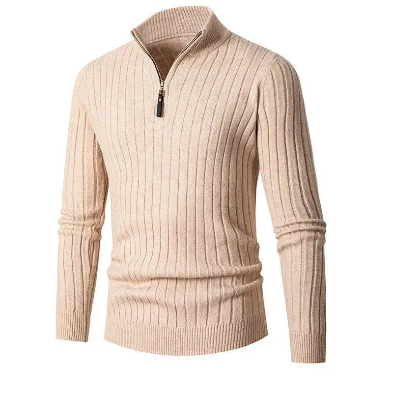 Pull Demi-Zip Côtelé Doux pour Homme, coloris Kaki