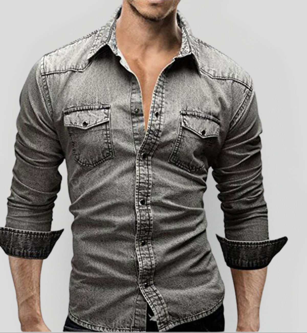 Chemise ajustée en jean à boutons homme, coloris Gris