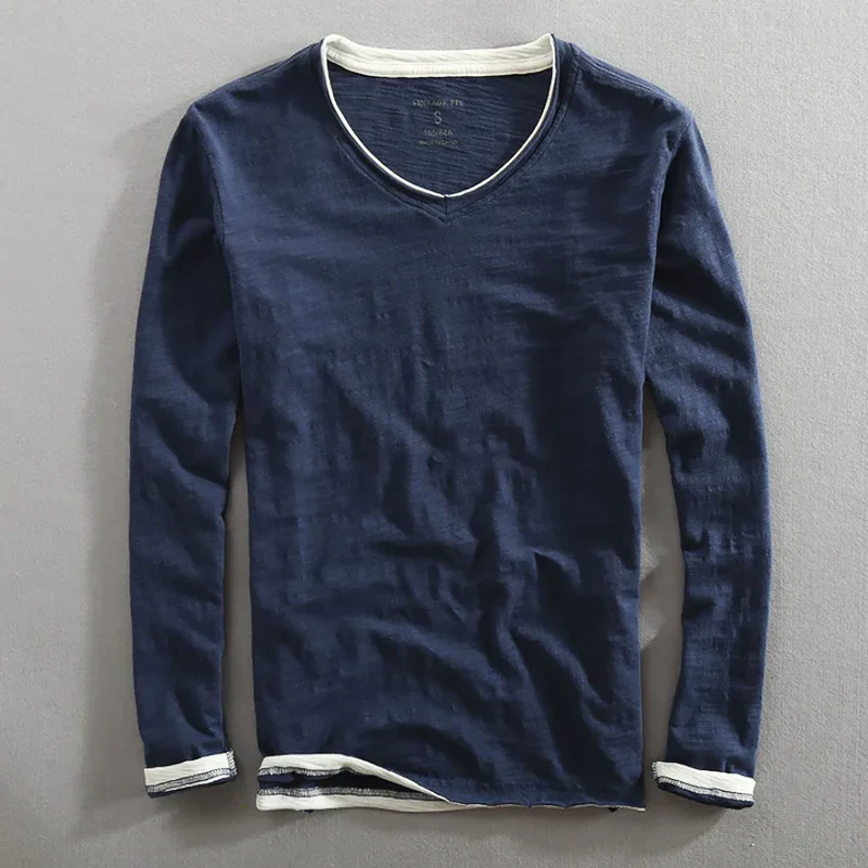 T-shirt Homme Décontracté en Coton Col V Manches Longues, coloris Bleu marine
