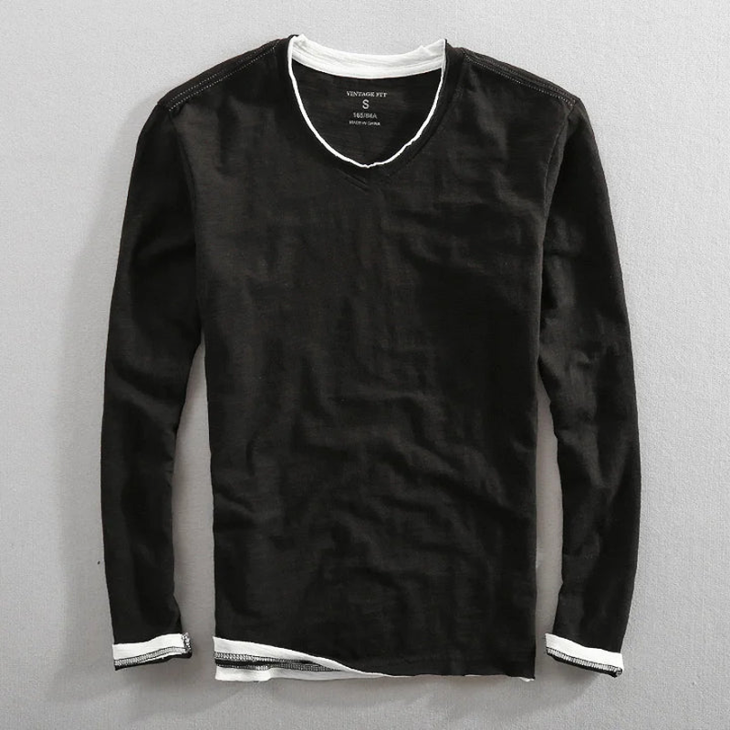 T-shirt Homme Décontracté en Coton Col V Manches Longues, coloris Noir