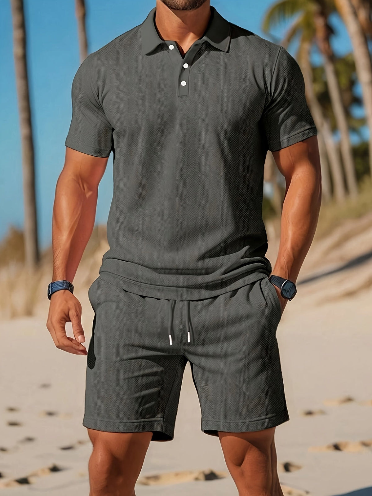 Ensemble Polo et Shorts Homme Couleur Unie, coloris Gris foncé