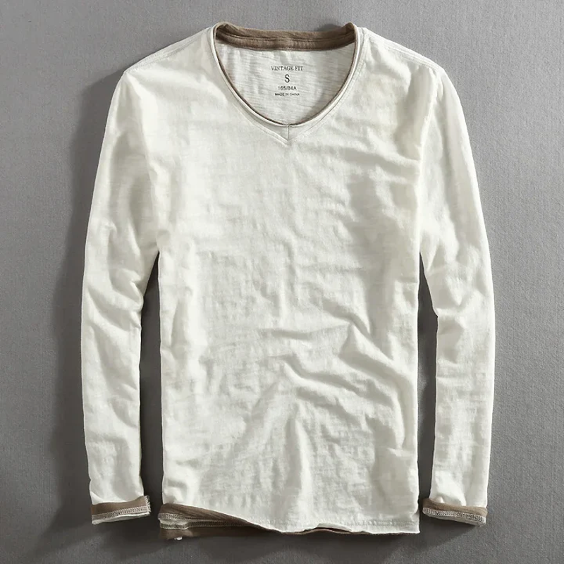 T-shirt Homme Décontracté en Coton Col V Manches Longues, coloris Blanc