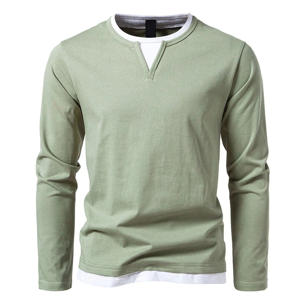 Polo Homme à Manches Longues avec Col Rond et Effet Superposé, coloris Vert