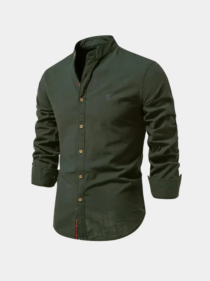 Chemise homme col mao boutonnée, coloris Vert militaire