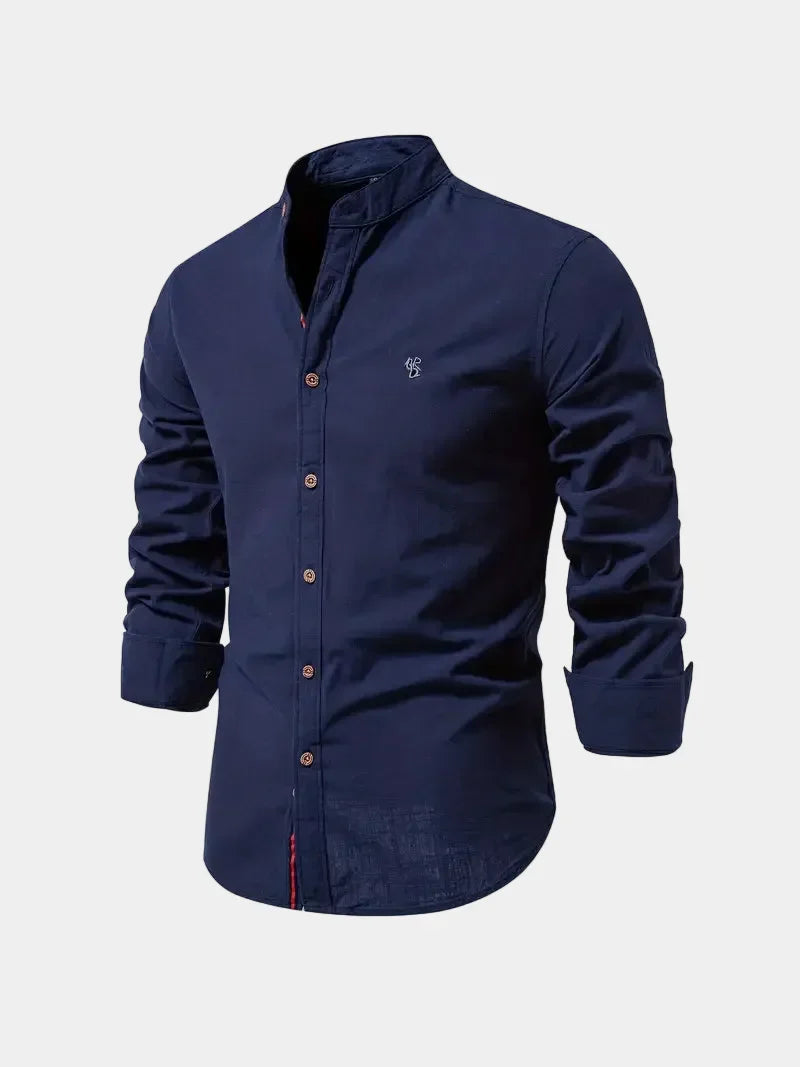 Chemise homme col mao boutonnée, coloris Bleu marine