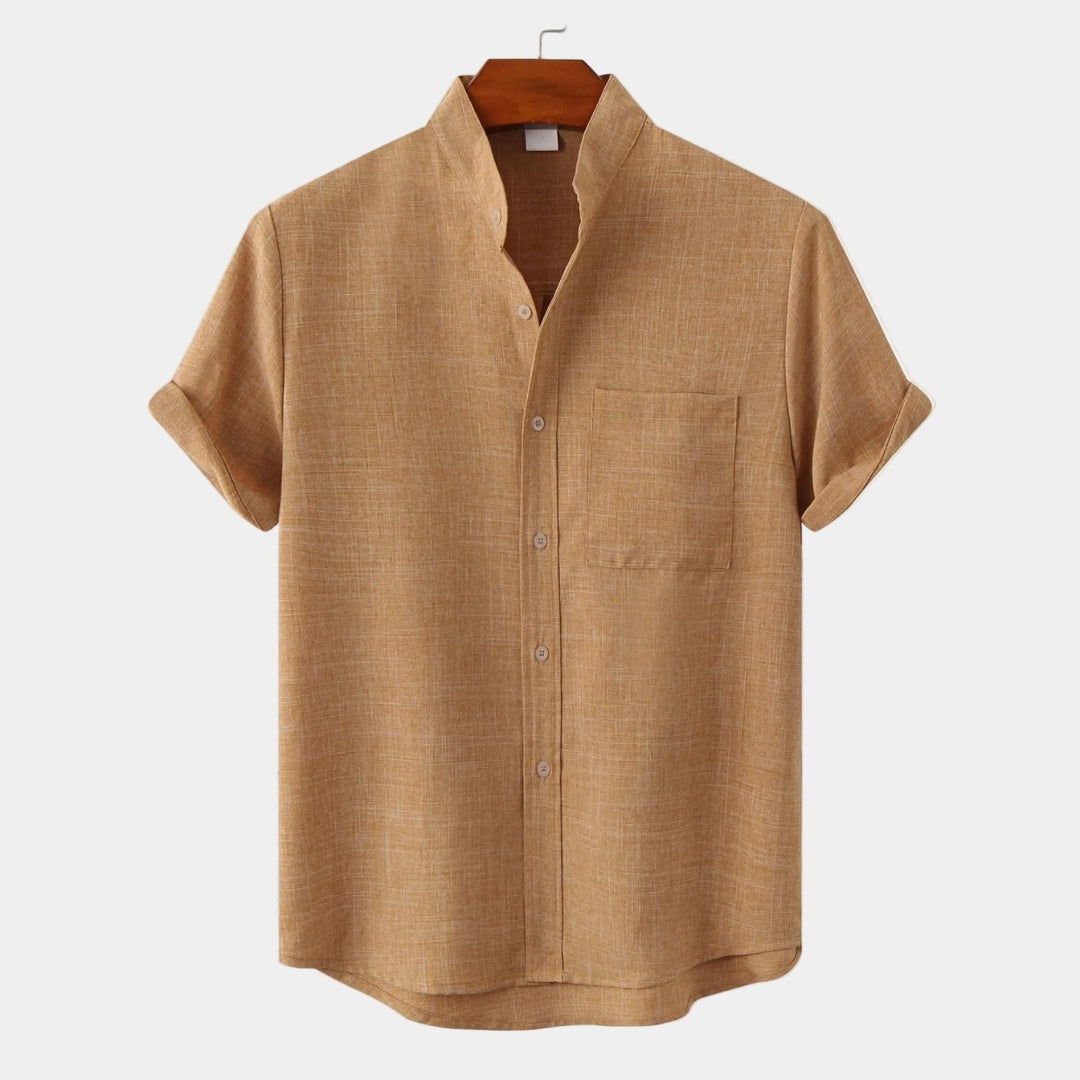Chemise homme col mao manches courtes, coloris Marron