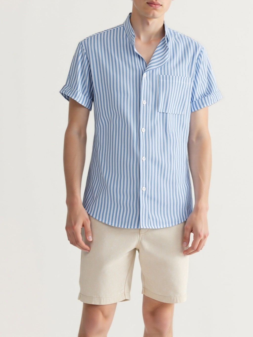 Chemise homme col mao rayée, coloris Bleu, vue principale
