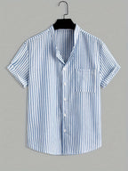 Chemise homme col mao rayée, coloris Bleu, vue 2