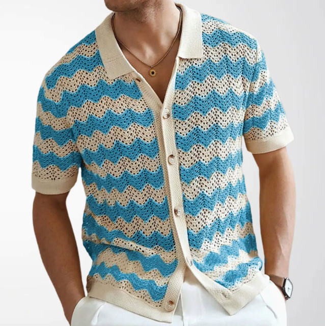 Chemise homme maille rayée, coloris Bleu, vue 2