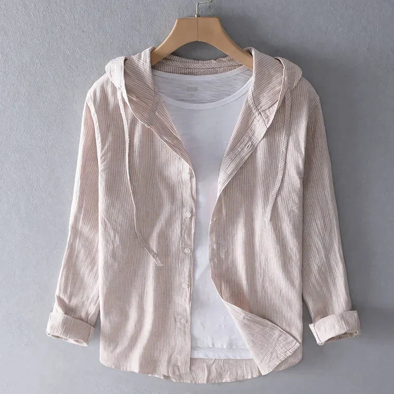 Chemise homme rayée à capuche, coloris Beige