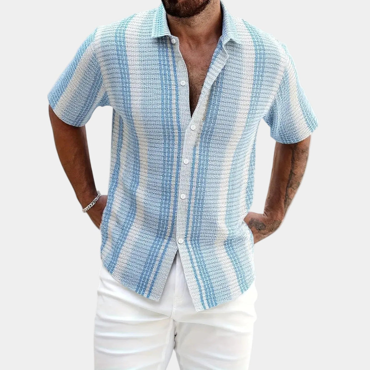 Chemise homme col ouvert boutonnée, coloris Bleu