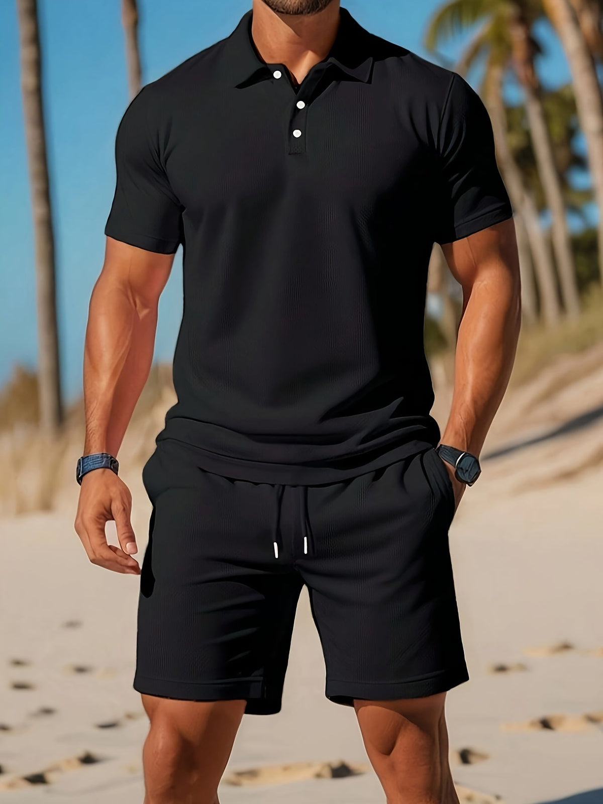 Ensemble Polo et Shorts Homme Couleur Unie, coloris Noir