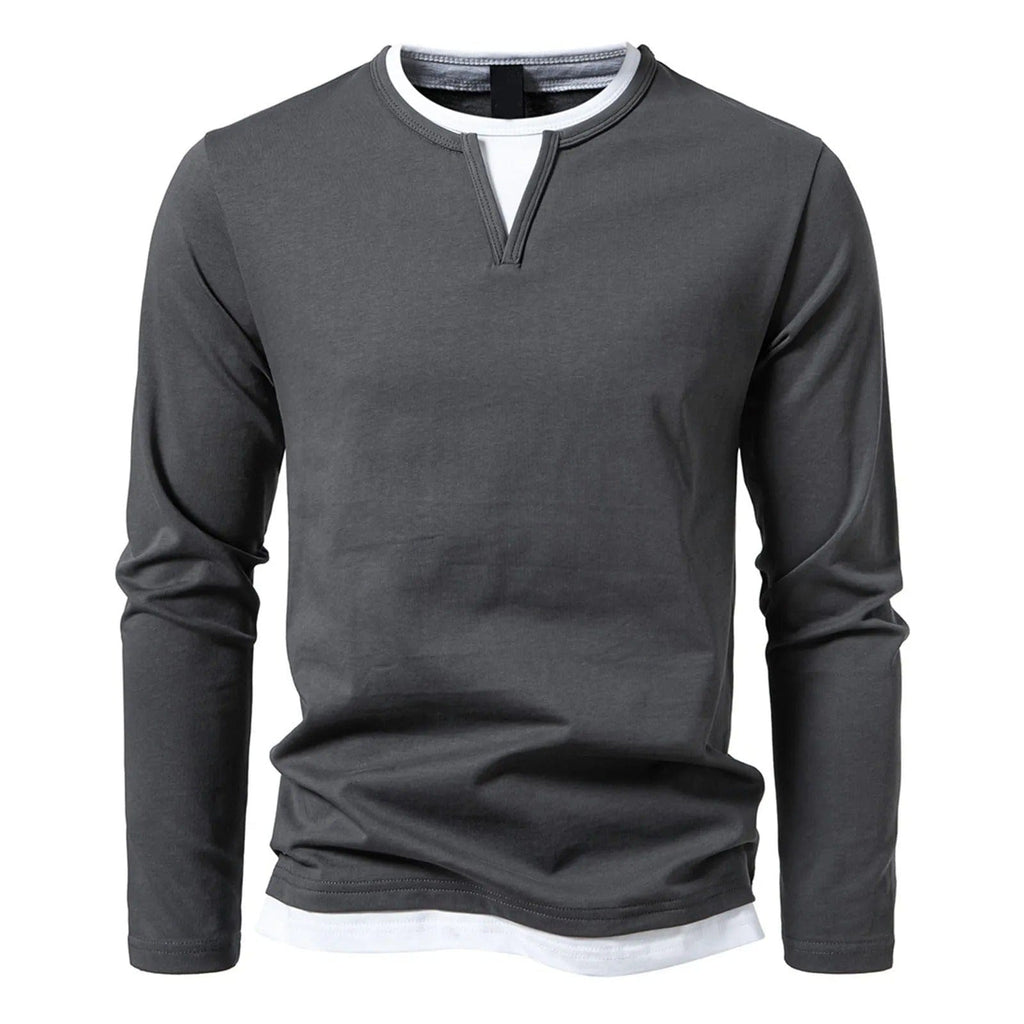Polo Homme à Manches Longues avec Col Rond et Effet Superposé, coloris Gris