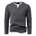 Polo Homme à Manches Longues avec Col Rond et Effet Superposé, coloris Gris