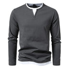 Polo Homme à Manches Longues avec Col Rond et Effet Superposé, coloris Gris