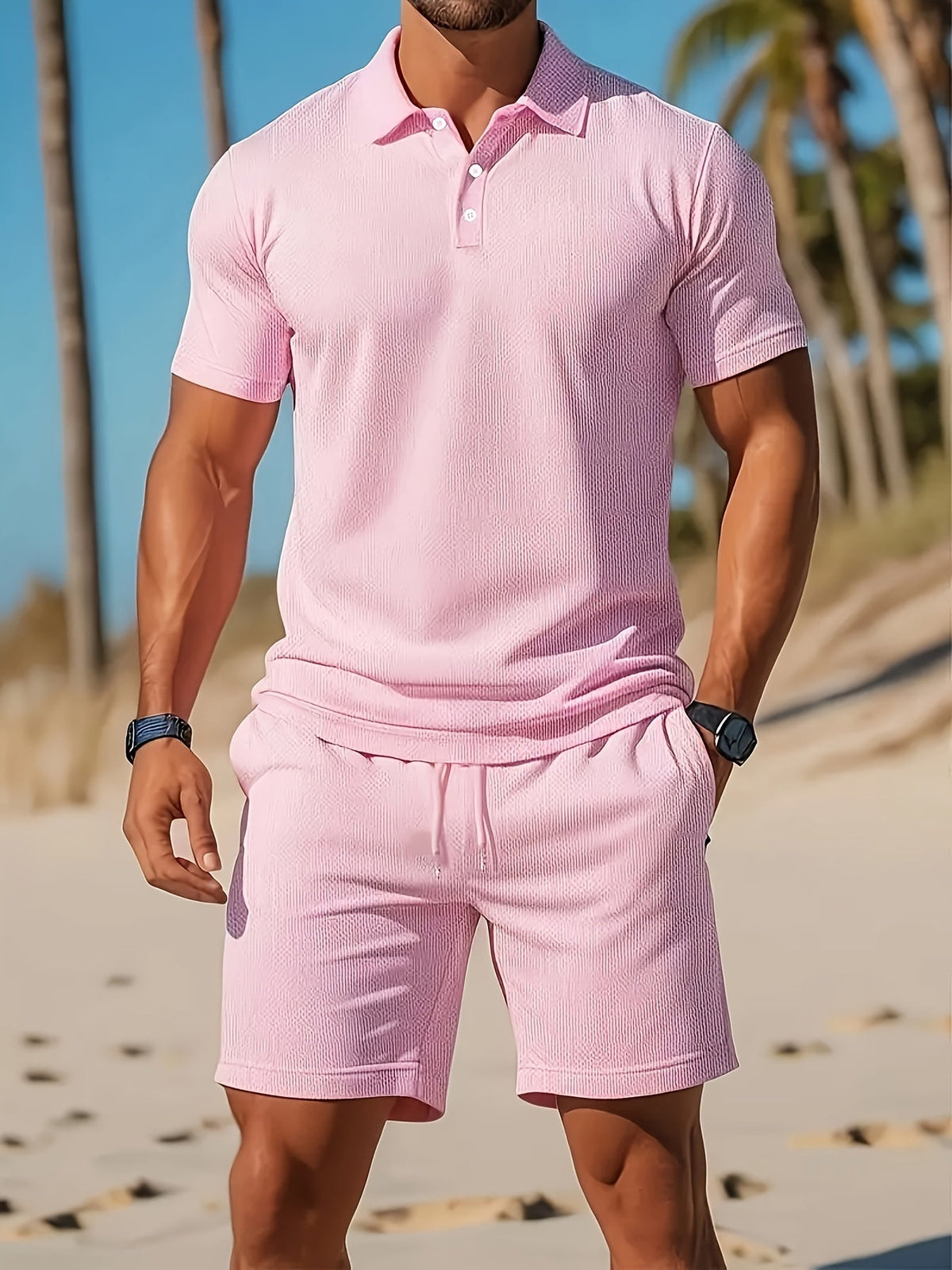 Ensemble Polo et Shorts Homme Couleur Unie, coloris Rose clair
