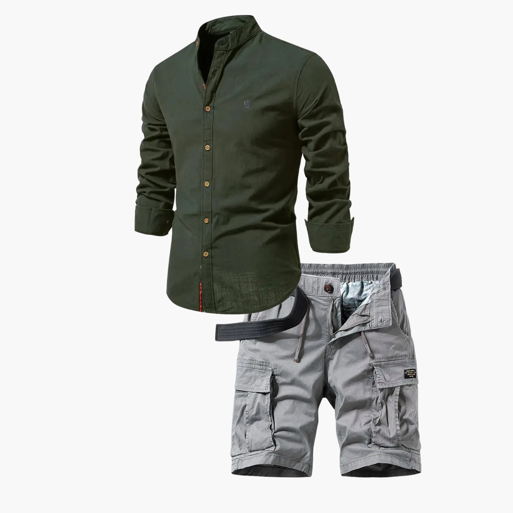 Ensemble Homme Assorti à Col Mandarin, coloris Vert armée